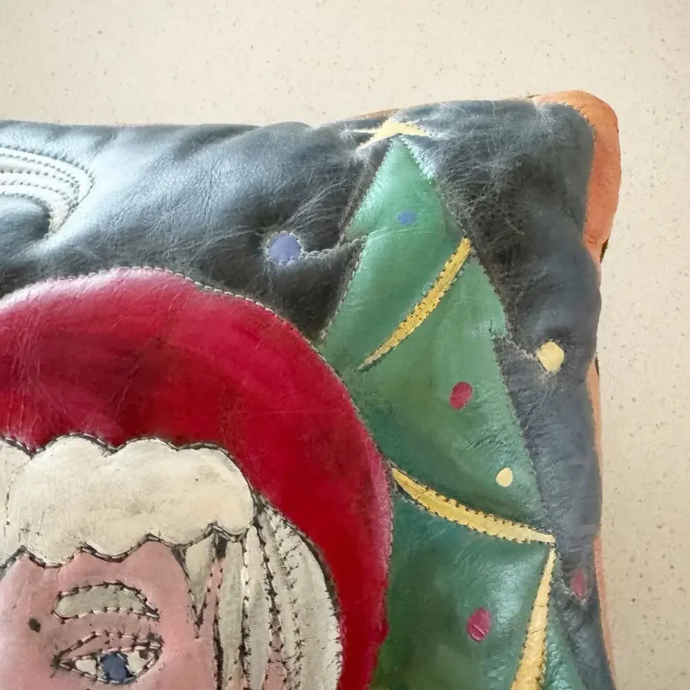 Hand‎ Painted Leather Suede Santa Throw Pillow 12” Christmas